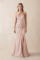 Halter Ruched Sheath Satin Bridesmaid Dress in Pale Blush - KISS BRIDAL Bridesmaid Dresses
