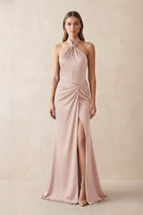 Halter Ruched Sheath Satin Bridesmaid Dress in Pale Blush - KISS BRIDAL Bridesmaid Dresses