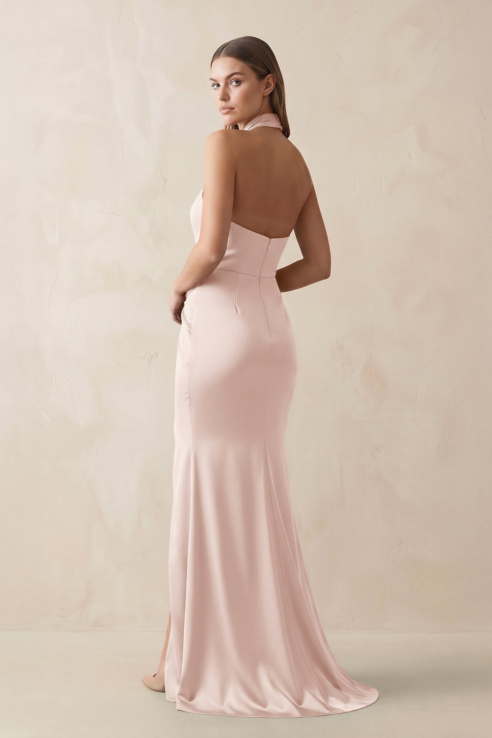 Halter Ruched Sheath Satin Bridesmaid Dress in Pale Blush - KISS BRIDAL Bridesmaid Dresses