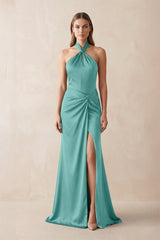 Halter Ruched Sheath Satin Bridesmaid Dress in Pale Pistachio - KISS BRIDAL Bridesmaid Dresses