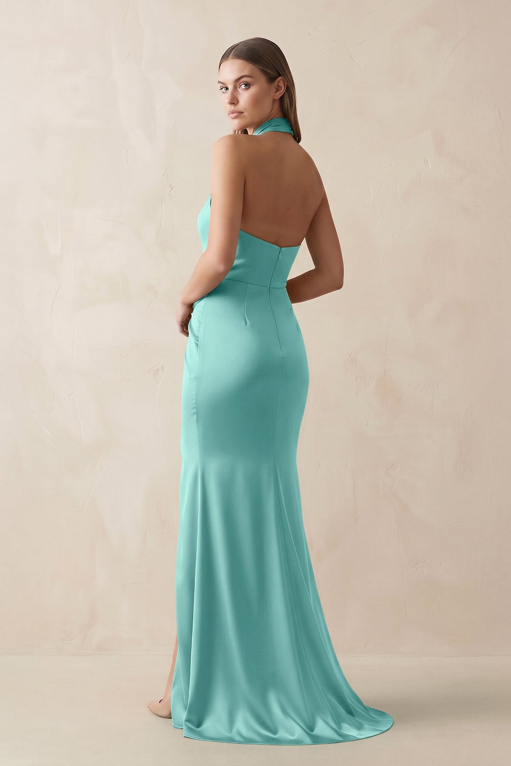 Halter Ruched Sheath Satin Bridesmaid Dress in Pale Pistachio - KISS BRIDAL Bridesmaid Dresses