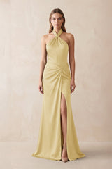 Halter Ruched Sheath Satin Bridesmaid Dress in Pastel Yellow - KISS BRIDAL Bridesmaid Dresses