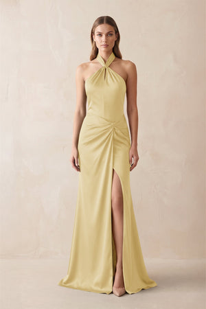 Halter Ruched Sheath Satin Bridesmaid Dress in Pastel Yellow - KISS BRIDAL Bridesmaid Dresses