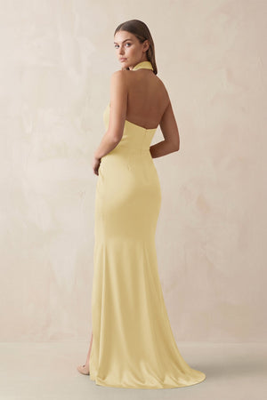 Halter Ruched Sheath Satin Bridesmaid Dress in Pastel Yellow - KISS BRIDAL Bridesmaid Dresses