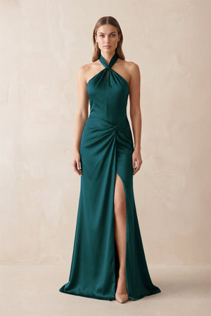 Halter Ruched Sheath Satin Bridesmaid Dress in Pine - KISS BRIDAL Bridesmaid Dresses