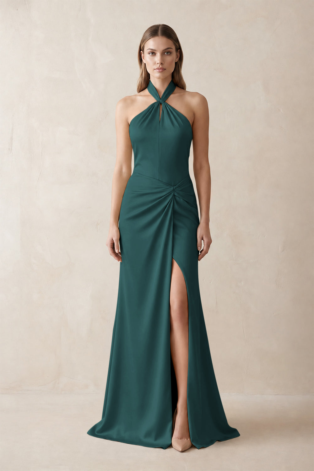 Halter Ruched Sheath Satin Bridesmaid Dress in Pine
