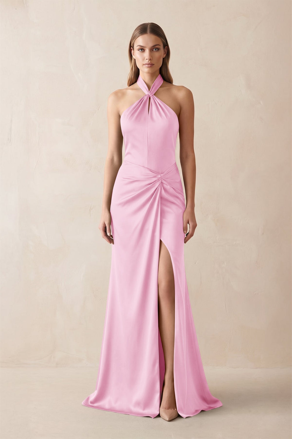 Halter Ruched Sheath Satin Bridesmaid Dress in Pink - KISS BRIDAL Bridesmaid Dresses