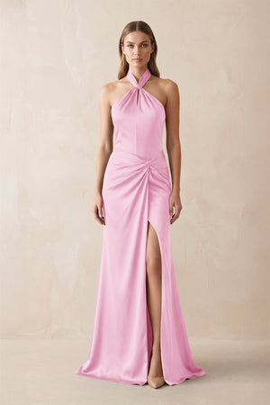 Halter Ruched Sheath Satin Bridesmaid Dress in Pink - KISS BRIDAL Bridesmaid Dresses