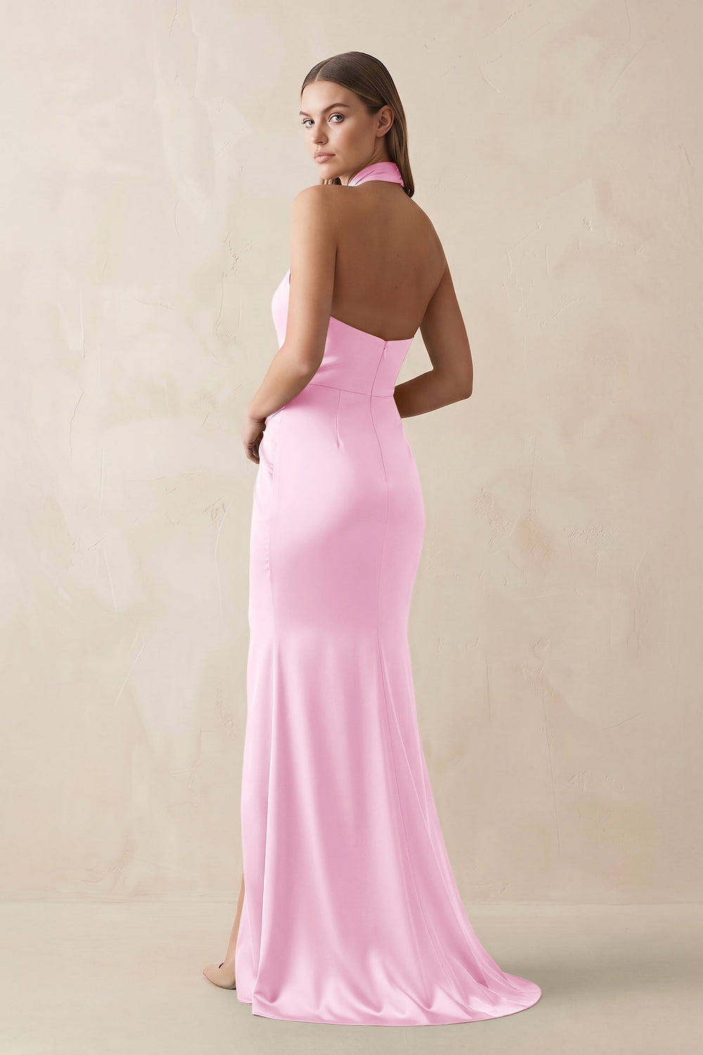 Halter Ruched Sheath Satin Bridesmaid Dress in Pink - KISS BRIDAL Bridesmaid Dresses