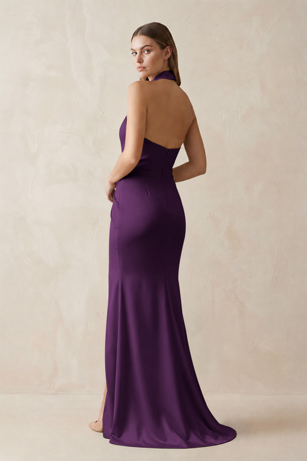 Halter Ruched Sheath Satin Bridesmaid Dress in Plum