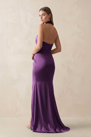 Halter Ruched Sheath Satin Bridesmaid Dress in Plum - KISS BRIDAL Bridesmaid Dresses