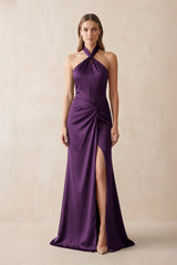 Halter Ruched Sheath Satin Bridesmaid Dress in Plum - KISS BRIDAL Bridesmaid Dresses