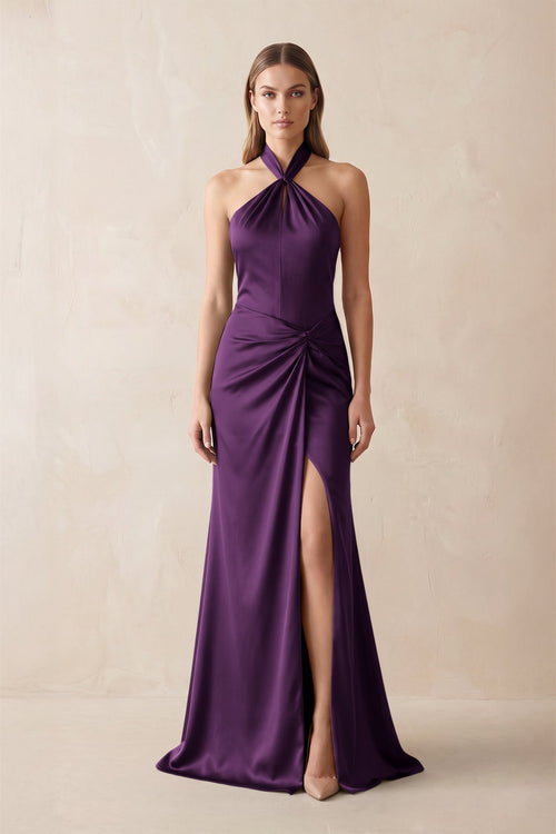Halter Ruched Sheath Satin Bridesmaid Dress in Plum - KISS BRIDAL Bridesmaid Dresses