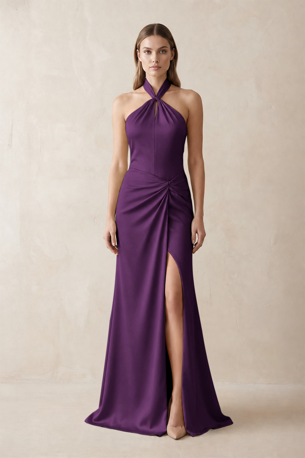 Halter Ruched Sheath Satin Bridesmaid Dress in Plum