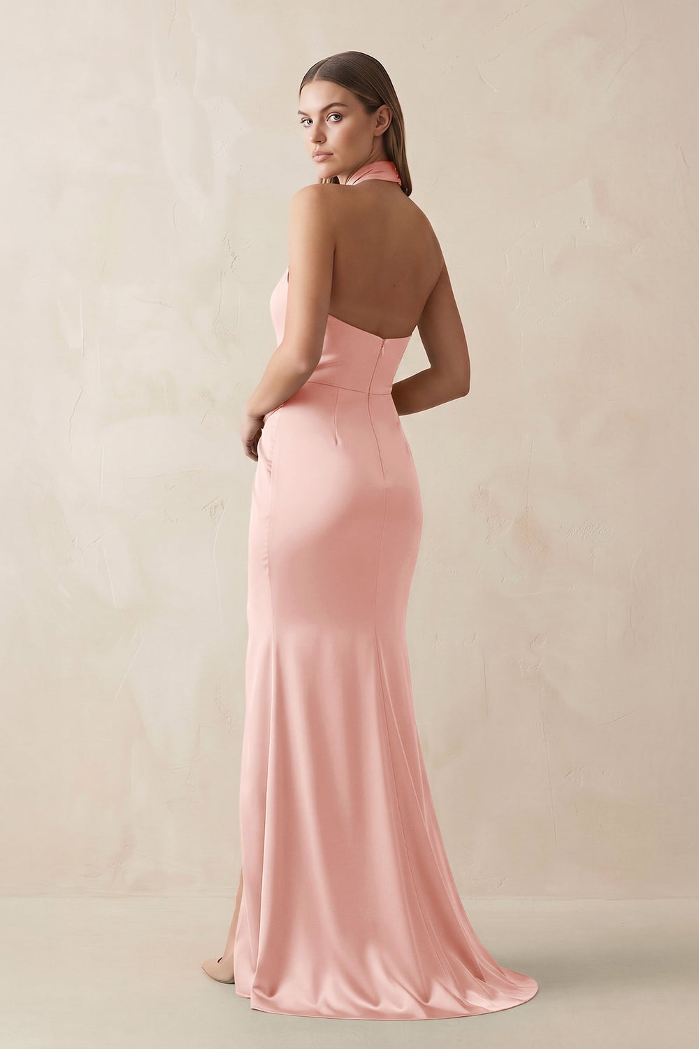 Halter Ruched Sheath Satin Bridesmaid Dress in Rose Petal - KISS BRIDAL Bridesmaid Dresses