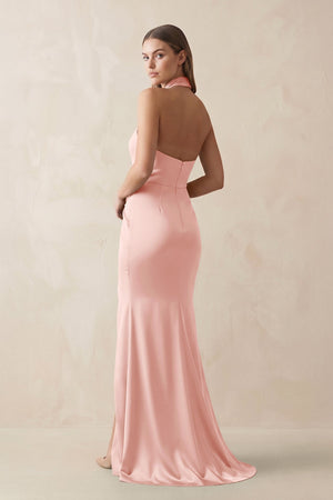 Halter Ruched Sheath Satin Bridesmaid Dress in Rose Petal - KISS BRIDAL Bridesmaid Dresses