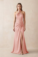 Halter Ruched Sheath Satin Bridesmaid Dress in Rose Petal - KISS BRIDAL Bridesmaid Dresses