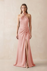 Halter Ruched Sheath Satin Bridesmaid Dress in Rose Petal - KISS BRIDAL Bridesmaid Dresses