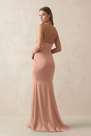 Halter Ruched Sheath Satin Bridesmaid Dress in Rosette - KISS BRIDAL Bridesmaid Dresses