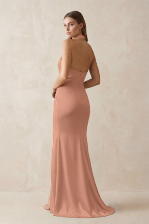 Halter Ruched Sheath Satin Bridesmaid Dress in Rosette (2) | KISSBRIDAL
