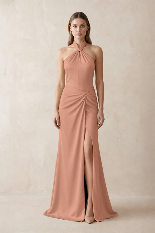 Halter Ruched Sheath Satin Bridesmaid Dress in Rosette | KISSBRIDAL