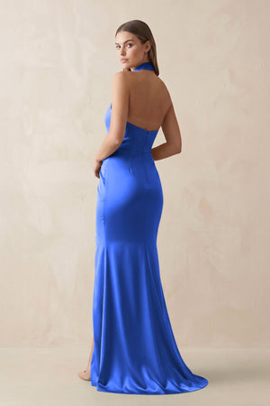 Halter Ruched Sheath Satin Bridesmaid Dress in Royal Blue - KISS BRIDAL Bridesmaid Dresses