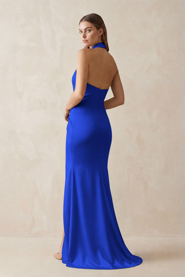 Halter Ruched Sheath Satin Bridesmaid Dress in Royal Blue (2) | KISSBRIDAL