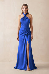 Halter Ruched Sheath Satin Bridesmaid Dress in Royal Blue - KISS BRIDAL Bridesmaid Dresses