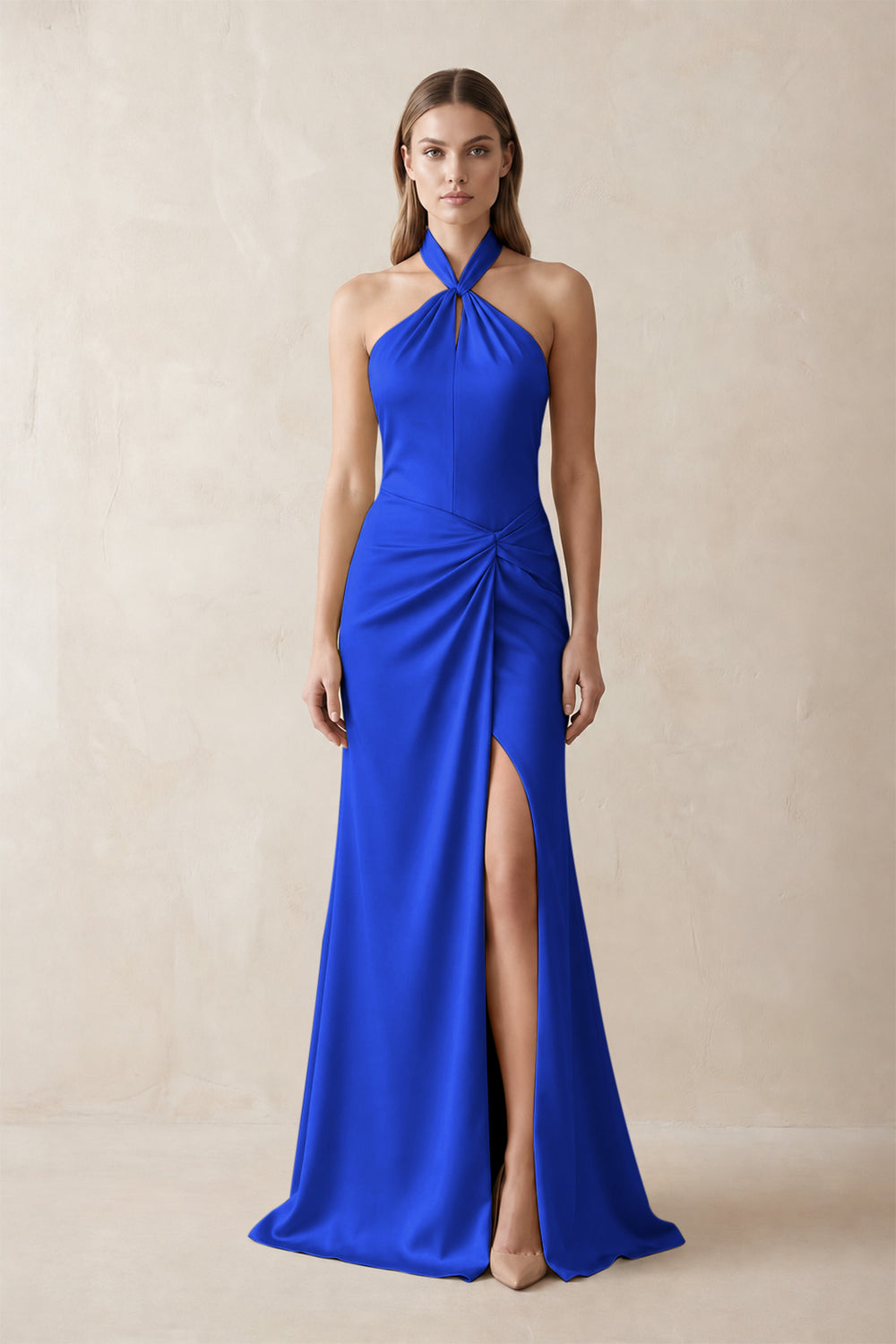 Halter Ruched Sheath Satin Bridesmaid Dress in Royal Blue