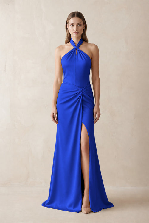 Halter Ruched Sheath Satin Bridesmaid Dress in Royal Blue | KISSBRIDAL