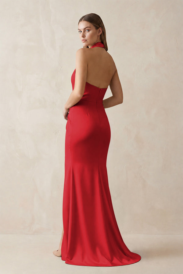 Halter Ruched Sheath Satin Bridesmaid Dress in Ruby Red (2) | KISSBRIDAL