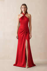 Halter Ruched Sheath Satin Bridesmaid Dress in Ruby Red - KISS BRIDAL Bridesmaid Dresses