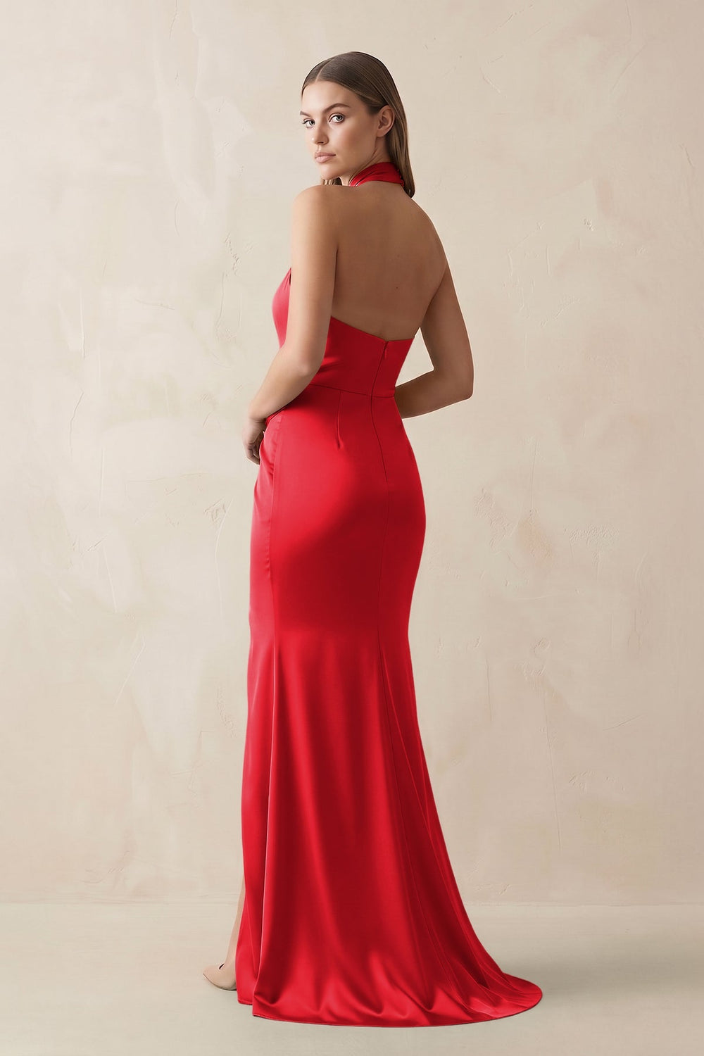 Halter Ruched Sheath Satin Bridesmaid Dress in Ruby Red - KISS BRIDAL Bridesmaid Dresses