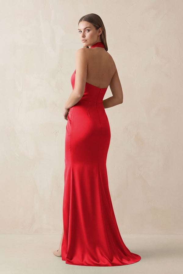 Halter Ruched Sheath Satin Bridesmaid Dress in Ruby Red - KISS BRIDAL Bridesmaid Dresses