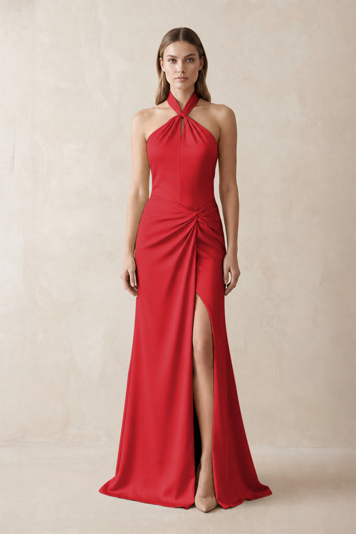 Halter Ruched Sheath Satin Bridesmaid Dress in Ruby Red | KISSBRIDAL