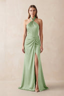 Halter Ruched Sheath Satin Bridesmaid Dress in Sage - KISS BRIDAL Bridesmaid Dresses