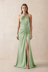 Halter Ruched Sheath Satin Bridesmaid Dress in Sage - KISS BRIDAL Bridesmaid Dresses