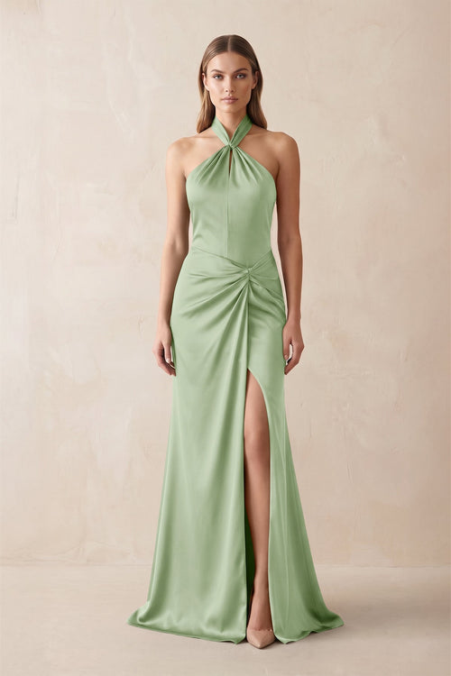Halter Ruched Sheath Satin Bridesmaid Dress in Sage - KISS BRIDAL Bridesmaid Dresses