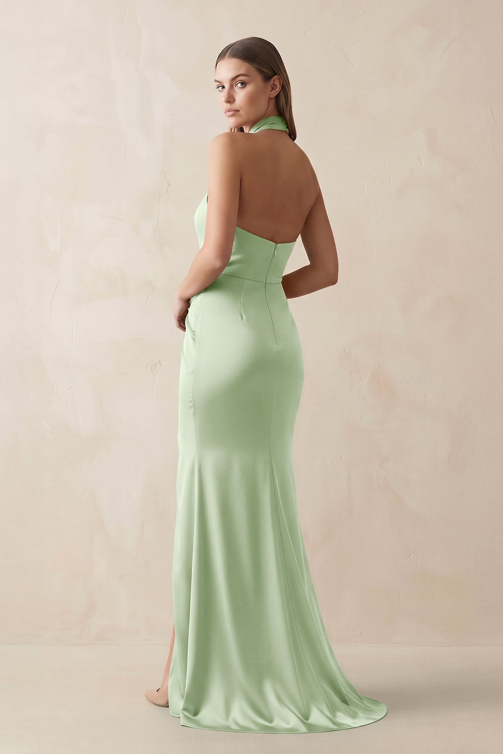 Halter Ruched Sheath Satin Bridesmaid Dress in Sage - KISS BRIDAL Bridesmaid Dresses