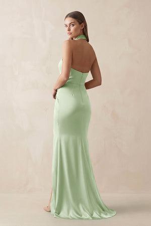 Halter Ruched Sheath Satin Bridesmaid Dress in Sage - KISS BRIDAL Bridesmaid Dresses