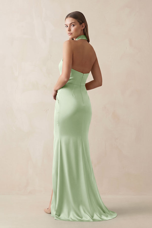 Halter Ruched Sheath Satin Bridesmaid Dress in Sage - KISS BRIDAL Bridesmaid Dresses