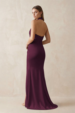 Halter Ruched Sheath Satin Bridesmaid Dress in Sangria (2) | KISSBRIDAL