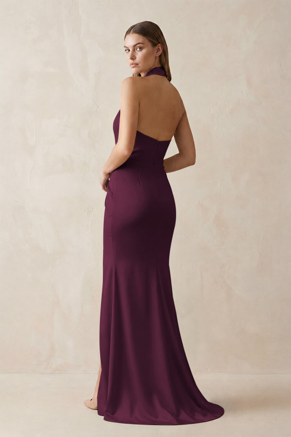 Halter Ruched Sheath Satin Bridesmaid Dress in Sangria (2) | KISSBRIDAL