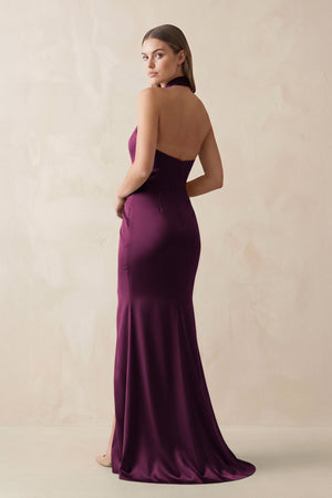 Halter Ruched Sheath Satin Bridesmaid Dress in Sangria - KISS BRIDAL Bridesmaid Dresses