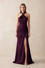 Halter Ruched Sheath Satin Bridesmaid Dress in Sangria - KISS BRIDAL Bridesmaid Dresses