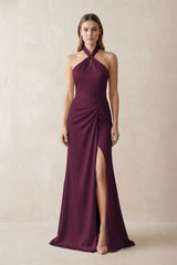 Halter Ruched Sheath Satin Bridesmaid Dress in Sangria | KISSBRIDAL