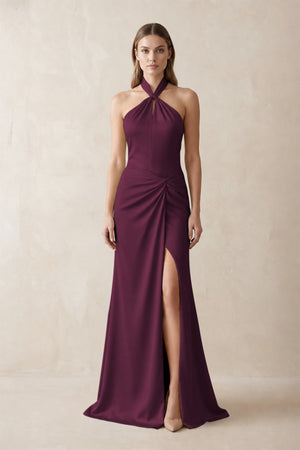 Halter Ruched Sheath Satin Bridesmaid Dress in Sangria | KISSBRIDAL