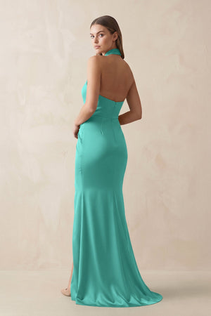Halter Ruched Sheath Satin Bridesmaid Dress in Sea Glass - KISS BRIDAL Bridesmaid Dresses