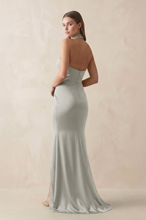 Halter Ruched Sheath Satin Bridesmaid Dress in Silver - KISS BRIDAL Bridesmaid Dresses