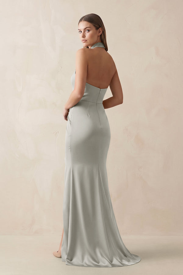 Halter Ruched Sheath Satin Bridesmaid Dress in Silver - KISS BRIDAL Bridesmaid Dresses